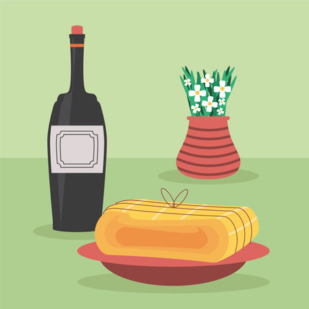 wine food and flowers decorationのイラスト素材