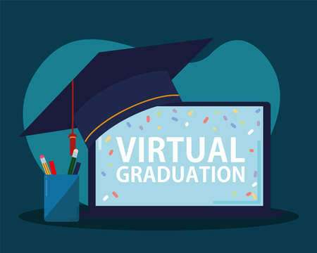 virtual graduation with laptopのイラスト素材