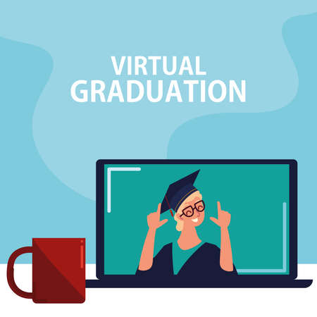 virtual graduation by laptopのイラスト素材
