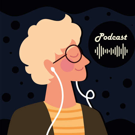podcast and man using earphonesのイラスト素材