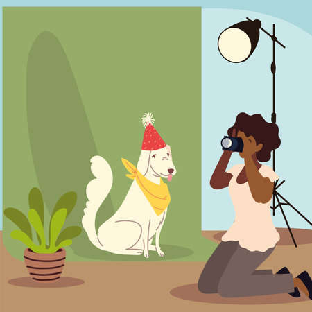 photographer woman and dogのイラスト素材