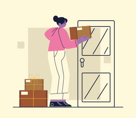 woman with parcel at doorのイラスト素材