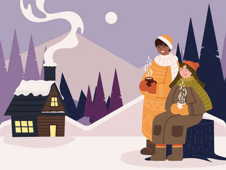 couple in snow landscapeのイラスト素材