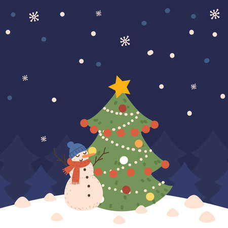 christmas tree and snowmanのイラスト素材