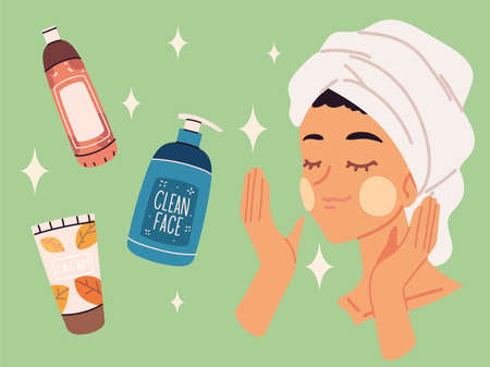 woman and skin care bottlesのイラスト素材