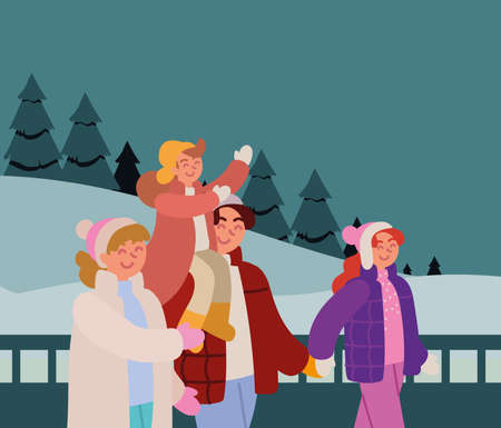 family walking winter sceneのイラスト素材
