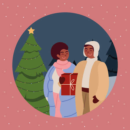 couple and christmas treeのイラスト素材