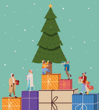 families and christmas tree with gift presentsのイラスト素材