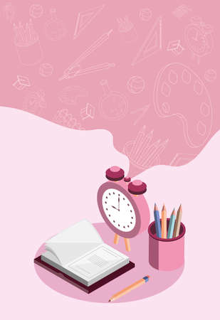 school book and clock isometricのイラスト素材