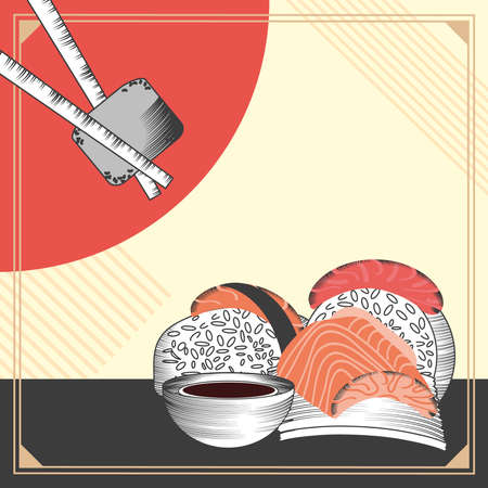 sushi with soy and chopsticksのイラスト素材