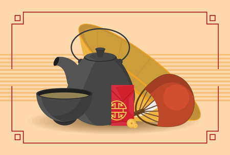 chinese teapot and fanのイラスト素材