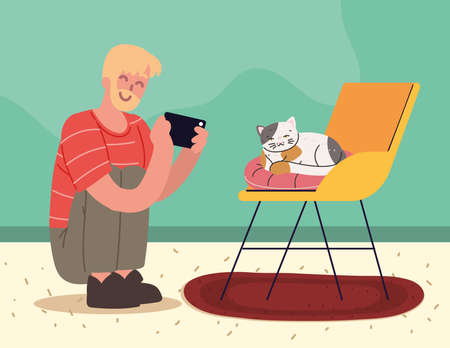 man taking photo a catのイラスト素材