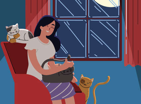 woman sitting with her catsのイラスト素材
