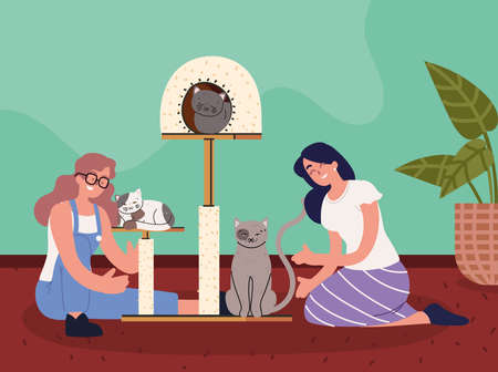 women with catsのイラスト素材