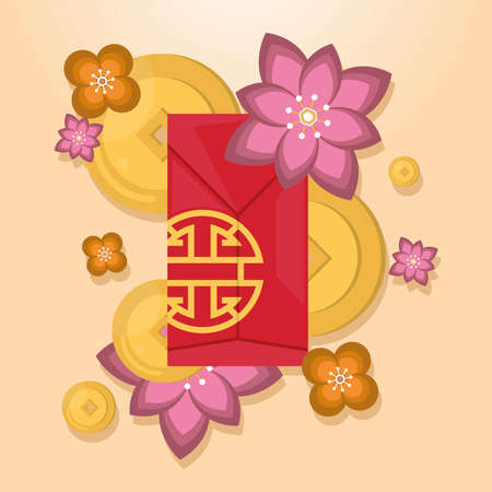 chinese envelope and flowersのイラスト素材