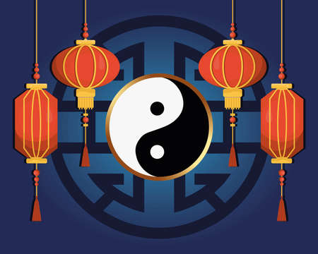 chinese lantern and yin yangのイラスト素材
