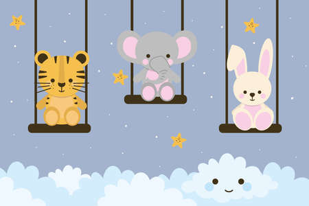 baby animals in swingのイラスト素材