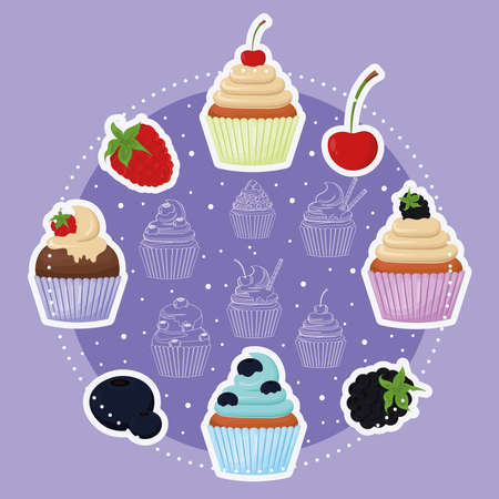 cupcakes and fruits stickersのイラスト素材