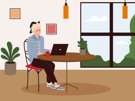 young with laptop in restaurantのイラスト素材