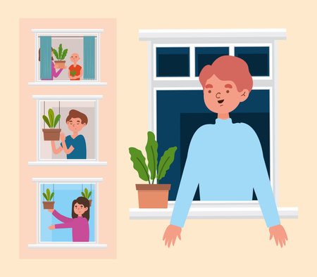set, people looking through the windowsのイラスト素材