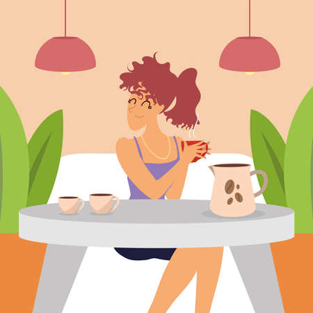 woman drinking coffee in restaurantのイラスト素材