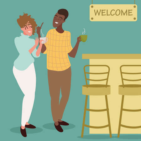 coffee shop and coupleのイラスト素材