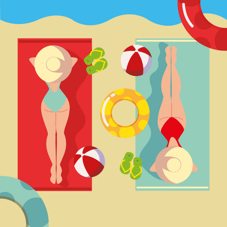 women in hat lying on towelのイラスト素材