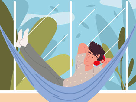 man listen music in hammockのイラスト素材