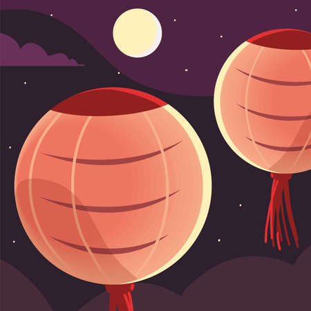 Chinese lanterns and moonのイラスト素材