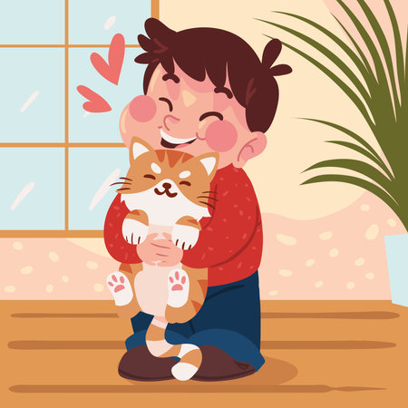 boy hugs the catのイラスト素材