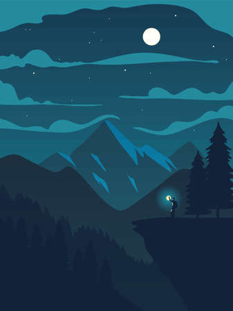 mountaineer in night landscapeのイラスト素材