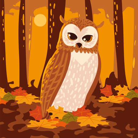 autumn forest and owlのイラスト素材