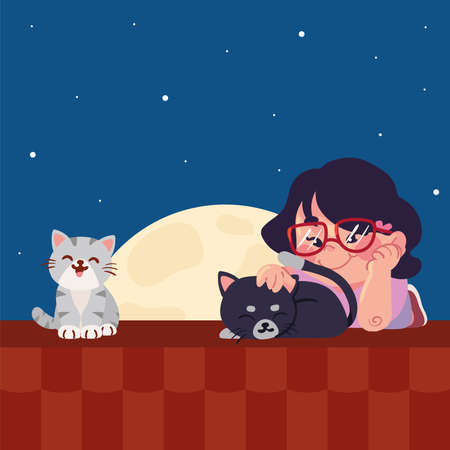 little girl with catsのイラスト素材