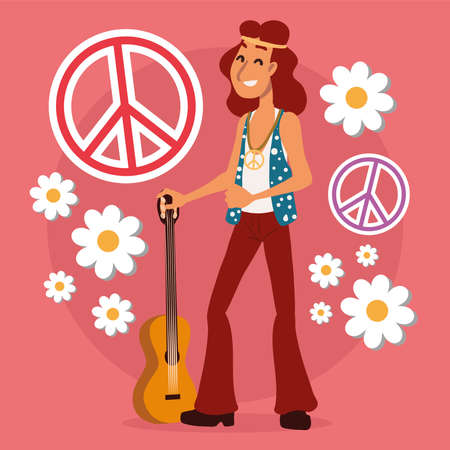hippie man with guitarのイラスト素材