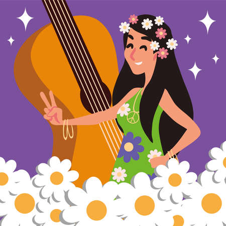 hippie woman with guitarのイラスト素材