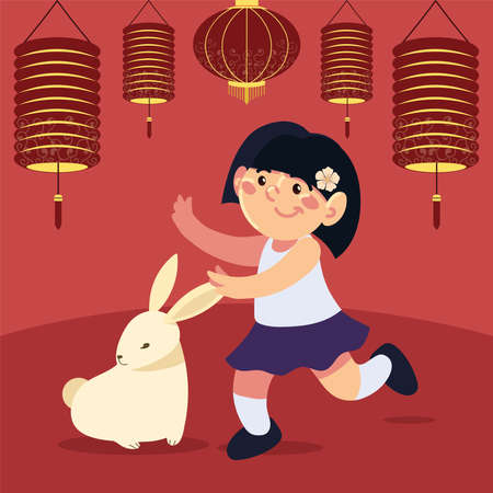 girl and bunny chinese moon festivalのイラスト素材