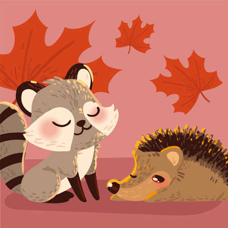 autumn hedgehog and raccoonのイラスト素材