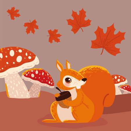 autumn squirrel and mushroomのイラスト素材