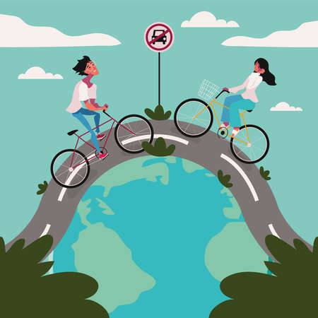 couple in bikes, world car free dayのイラスト素材