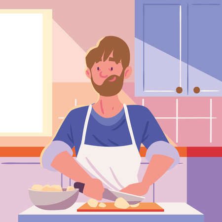 man in kitchen cookingのイラスト素材