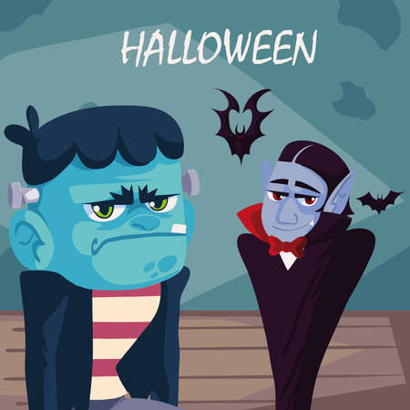 halloween characters and batsのイラスト素材