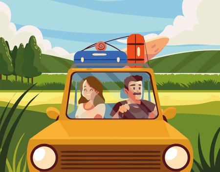 couple in the car with baggageのイラスト素材