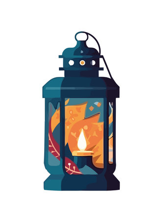 Burning lantern illuminated with glowing candle flameのイラスト素材