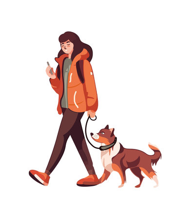 Cute puppy and woman walking outdoorsのイラスト素材