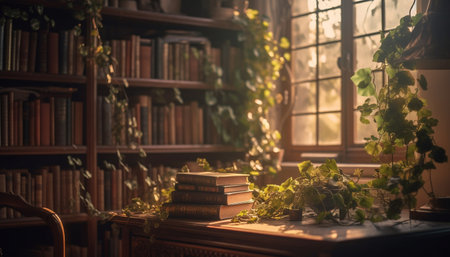 A collection of old textbooks on a shelf generated by artificial intelligenceの素材