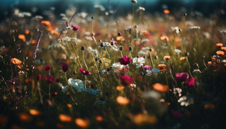 Vibrant daisy blossom in tranquil meadow sunrise generated by artificial intelligenceの素材