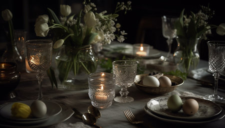 Elegant table decoration with candle, wine, and flowers generated by artificial intelligenceの素材