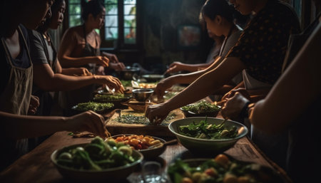 Young women and men enjoying fresh meal generated by artificial intelligenceの素材