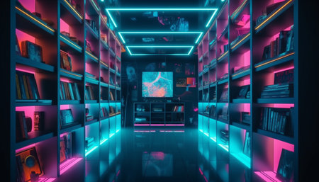 Futuristic library with glowing bookshelves at night generated by artificial intelligenceの素材