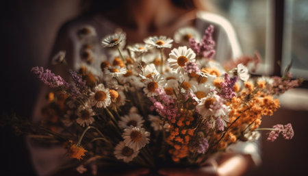 Caucasian women holding bouquet of fresh daisies generated by artificial intelligenceの素材